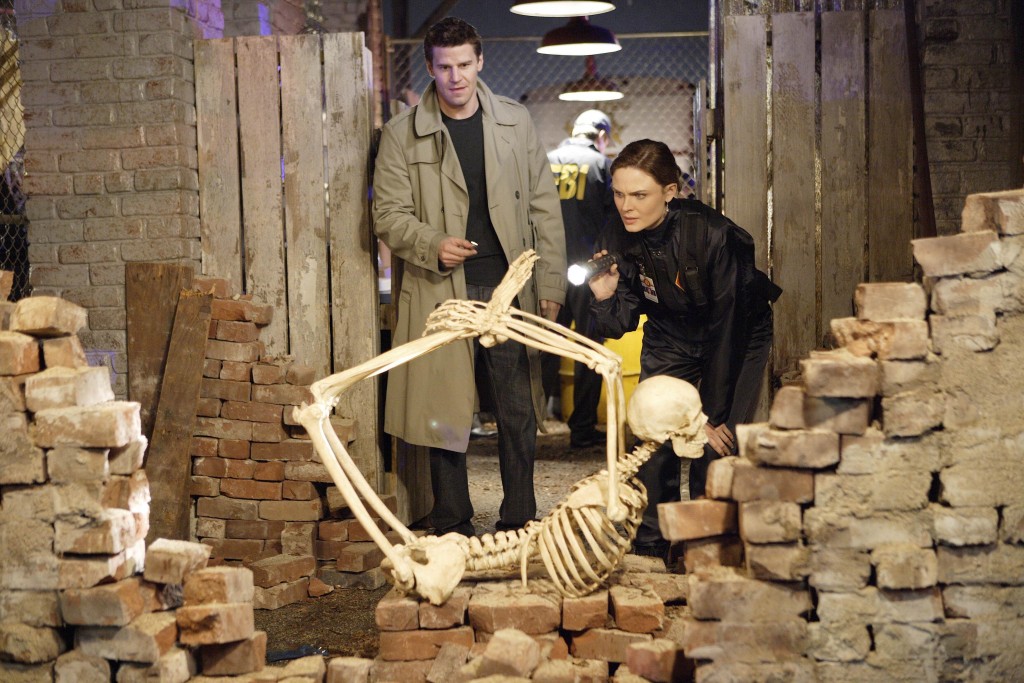 Seeley Booth (David Boreanaz) et Temperance Brennan (Emily Deschanel) devant un squelette