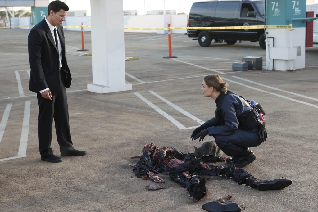 Seeley Booth (David Boreanaz) et Temperance Brennan (Emily Deschanel) devant le corps
